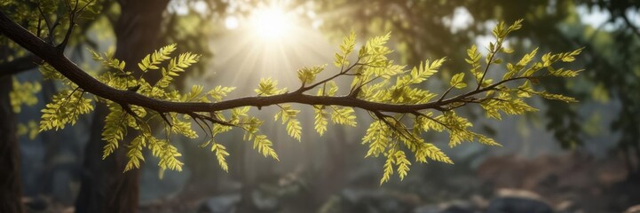 A tree branch with natural fibers exposed to sunlight,  outdoors,  foliage,  light