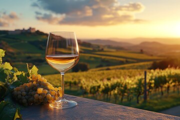 Sunset vineyard, white wine glass, grapes