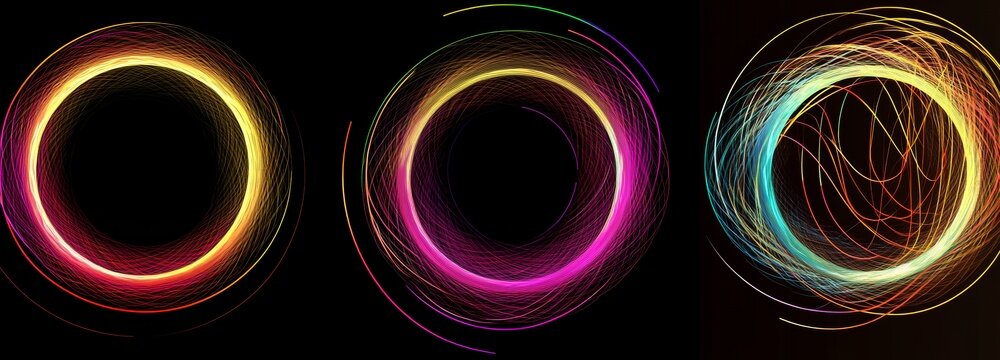 Eye iris depicted in digital form with glowing, wave-like lines and sparks on a black background. Futuristic glowing circle banners. A modern illustration with a spot for your content. - Powered by Adobe