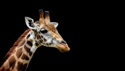 Fototapeta premium Aweinspiring Isolated Giraffe Against a Black Background, Highlighting the Majestic Beauty of Natures Longest Necked Creature in a Dramatic Scene