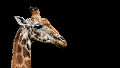 Fototapeta premium Majestic Giraffe Isolated Against a Black Background Striking Portrait Highlights the Beauty and Grandeur of Natures Towering Creature