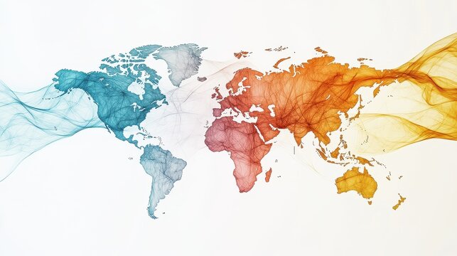 Fototapeta Global trade routes flat design side view world map infographic water color complementary color scheme.
