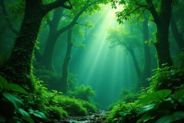 Obraz premium Dense emerald canopy, steamy air, lush vegetation, heat, nature, weather