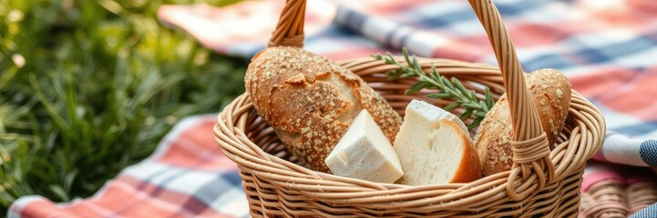 Picnic basket filled with freshly baked bread and assortment of cheeses, snack, natural