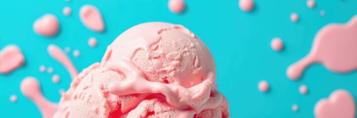 Pink ice cream melting on vibrant blue background, creamy, cold, tempting