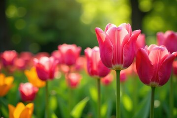 Obraz premium Pink tulips unfolding their petals in a serene and peaceful garden scene, unfold, colors