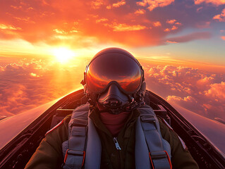 A pilot in a fighter jet cockpit flies above the clouds during a vibrant sunset, with the sun casting a golden glow on the aircraft and the sky.