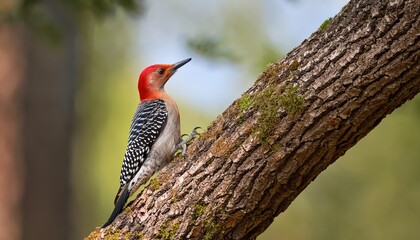 Stunning CloseUp of a Vivid RedHeaded Woodpecker Perched Regally on a Majestic Oak Tree Branch, Capturing the Early Morning Light in a Dynamic Manner.