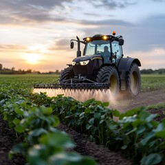 Tractor spraying field sunset agriculture farming