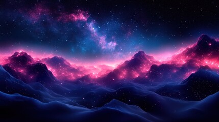 Fototapeta premium Pink nebula glows on alien mountainscape