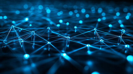Obraz premium Abstract blue digital network of glowing nodes and lines, futuristic data visualization with deep perspective.