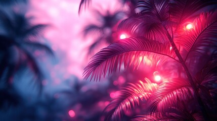 Pink neon palm leaves, tropical night, bokeh background, website banner