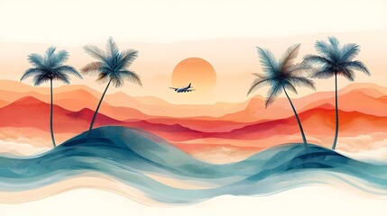 Obraz premium Vibrant Abstract Travel Banner with Fluid Shapes Warm Sunset Tones and Tropical Airplane Silhouettes