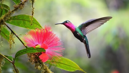Vivid Pink Blooming Hummingbird Amidst a Lush Woodland Oasis in a Breathtaking Dusk Scene on January ,