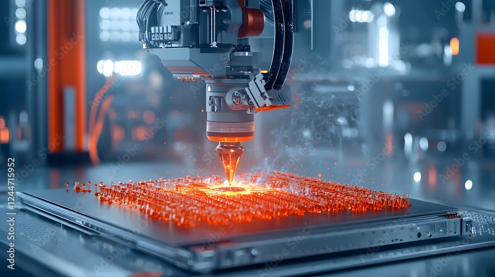 Poster 3D Printer Constructing Self Replicating Nano Machine in Dimly Lit Lab   Advanced Nanotechnology Fabrication Process in a Science Laboratory Setting