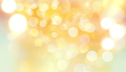 Abstract golden bokeh lights with soft gradient background in yellow and pastel tones. Blurred festive design concept for card, wallpaper, and poster design.