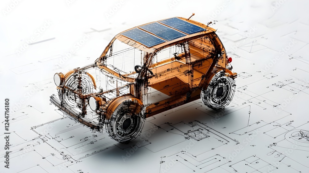 Poster a conceptual image of a sleek futuristic car formed entirely from solar panels harnessing the power 