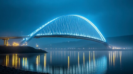 Naklejka premium Illuminated arch bridge at night, reflecting in calm water, misty background; ideal for travel brochures