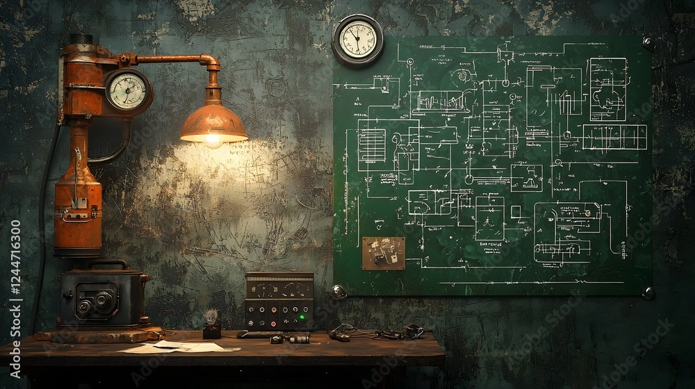 Poster a dimly lit room filled with old worn electrical blueprints and antique scientific instruments evoki