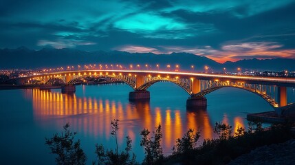 Fototapeta premium Illuminated bridge over river at twilight, city skyline backdrop; travel poster