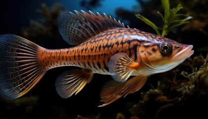 Naklejka premium Enchanting Closeup of a Bats Ear Plecotus auritus in Flight at Twilight, Showcasing Soft Leather Wings and Striking Contrast Against the Indigo Sky.