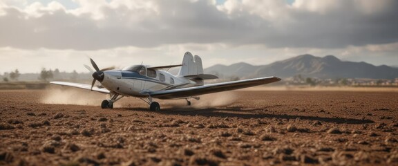 Small plane with spinning propeller waiting for takeoff on dry field, airplane, plane, flying machine