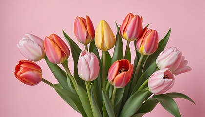 Obraz premium Vibrant Pink Tulip Bouquet on Soft Pink Background with Space for Your Message