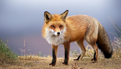 Fototapeta premium Stunning PNG Image of a Wild Fox Amidst a Wintery Forest Landscape, Showcasing the Agile Mammals Grace and Vigilance in a SnowCovered Sanctuary, with Soft Dusk Lighting Enhancing the Scenes