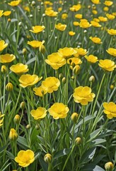Obraz premium Vibrant Yellow Asian Globeflowers Blossoming in a Sunny Spring Meadow