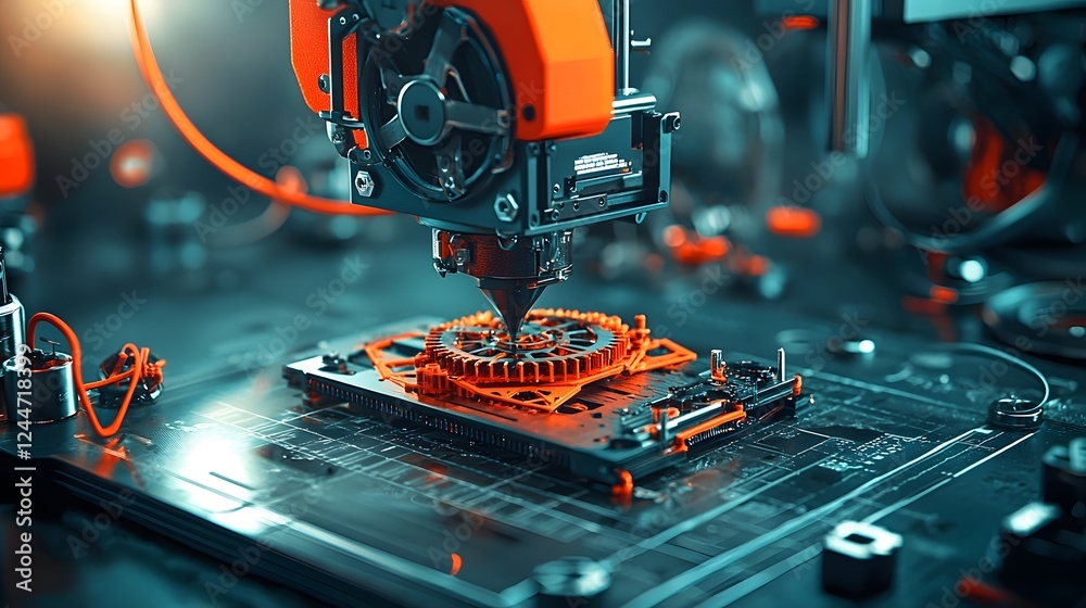 Poster Advanced 3D Printer Constructing a Complex Self Replicating Nano Machine in a Dimly Lit Laboratory Setting Showcasing the Latest Innovations in Automated Manufacturing and Nanotechnology
