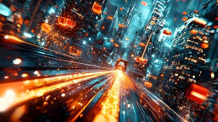 Fototapeta premium A wide angle view of an automated steel rolling mill facility producing long metal beams in a futuristic high tech industrial landscape at night with motion blur and vibrant lighting effects