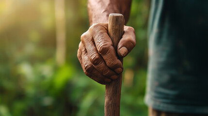 Obraz premium Weathered Hands Gripping Walking Stick in Natural Light