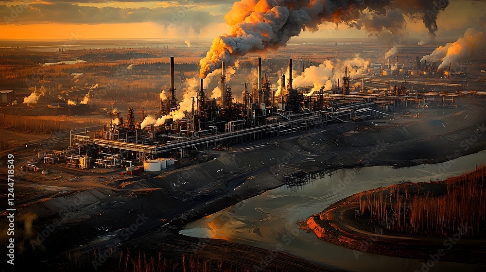Aufkleber aerial panoramic view of a large scale oil refinery complex with multiple towering storage tanks bil
