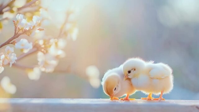 Two adorable yellow chicks cuddling on blurred spring background. Easter symbol, new life concept. Cute farm animals, polutry farm, organic food