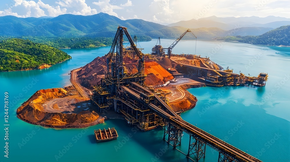 Poster aerial view of a massive iron ore processing facility with intricate conveyor belt systems situated 