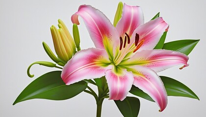 Fototapeta premium Elegant Pink Lily Flower with Green Leaves on Pure White Background