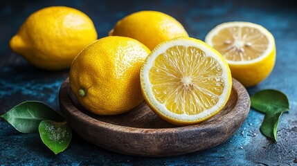 Juicy lemons on rustic wooden plate, dark background. Food photography for recipe blogs