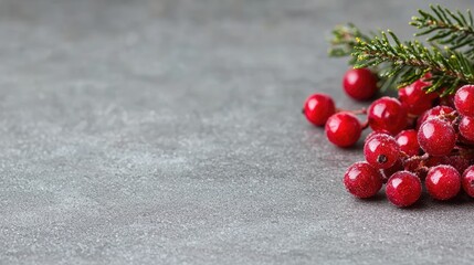 Festive red berries and pine on grey stone.  Holiday card, website banner