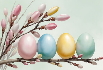 Delicate Watercolor Greeting Card Featuring Easter Eggs and Pussy Willow Branches