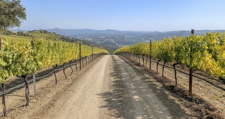 Naklejka premium Panoramic Vineyard Landscape Sunny Day View of Grapevines and Valley