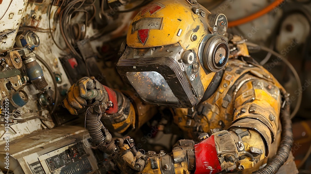 Poster close up view of a highly automated robotic welding machine meticulously assembling a complex metal 
