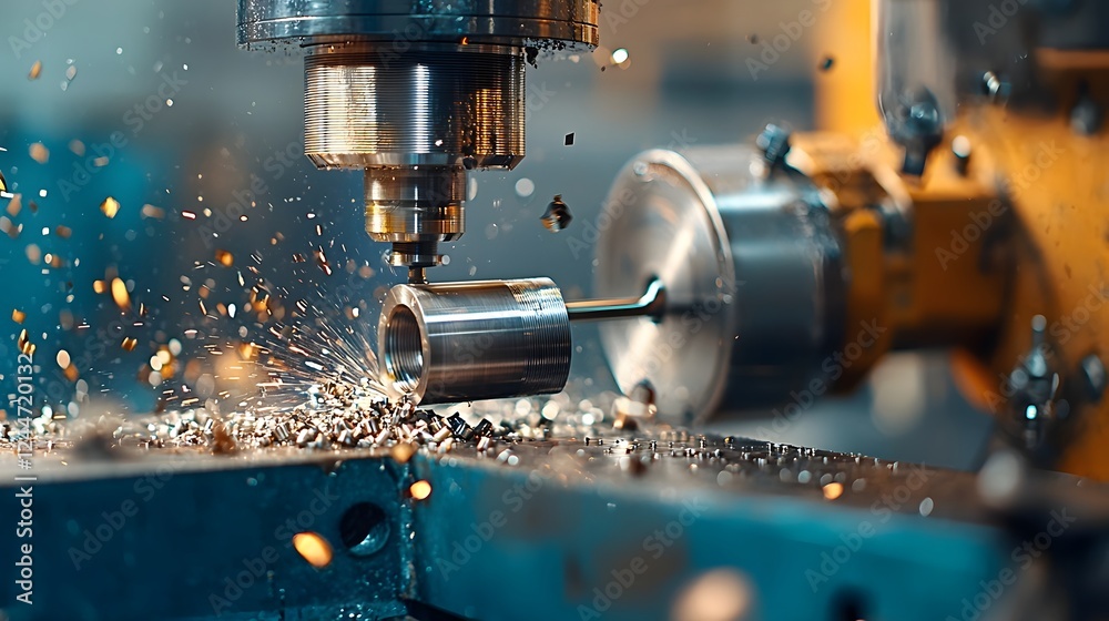 Leinwandbilder Close up view of a metal lathe machine actively shaping and cutting a cylindrical steel component in an industrial workshop setting