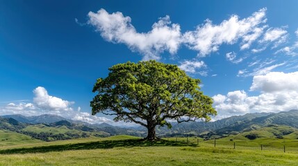 Obraz premium Lone tree on hillside, sunny sky, rolling hills background; nature photography