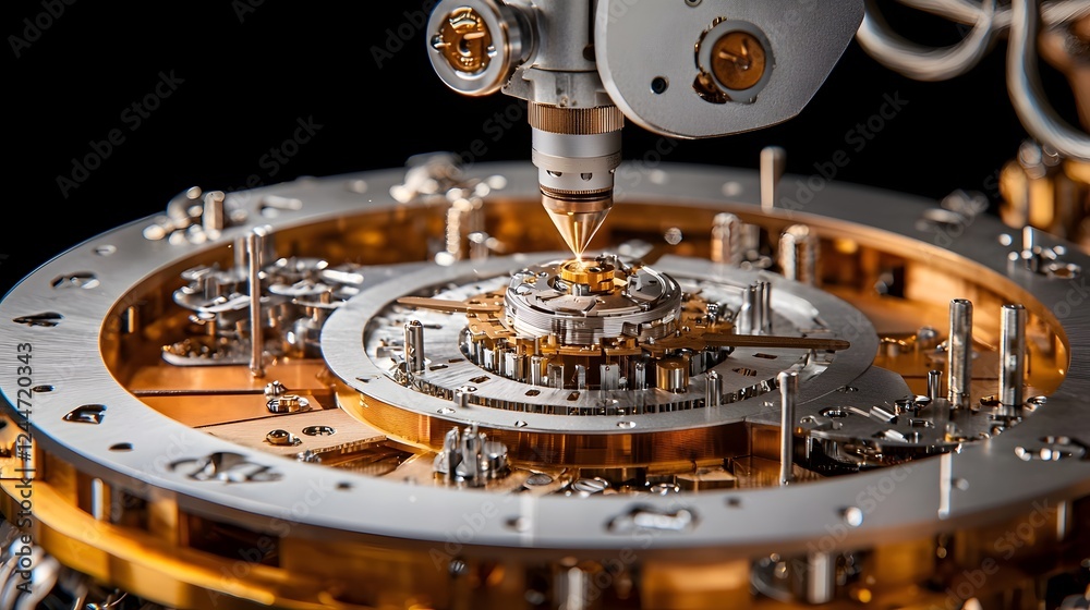Poster close up view of a robotic welding machine meticulously assembling a complex metal structure in an i