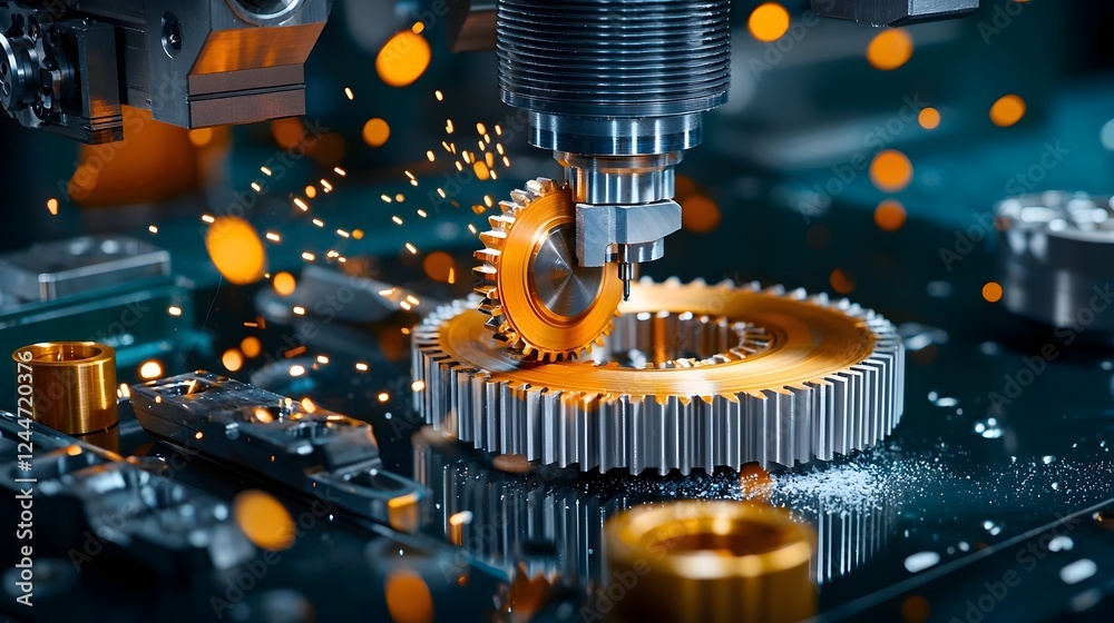 Poster close up view of a high precision industrial gear being machined with advanced tools and machinery i