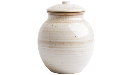 Beige ceramic jar with lid isolated on transparent background