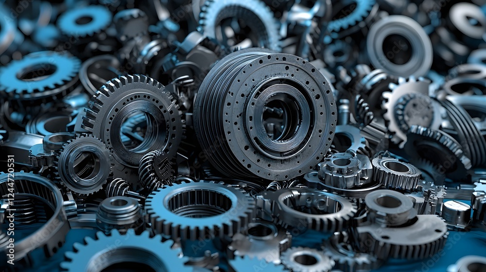 Poster close up view of an array of complex metal gears cogs and components in an industrial metal stamping