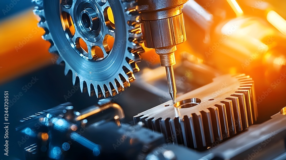 Poster close up view of an industrial gearbox or mechanical component being meticulously machined and manuf