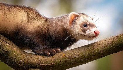 Sleek Polecat Scaling a Gnarled Branch amidst the Enchanting Forest Twilight, Capturing Natures Grace and Mystique.