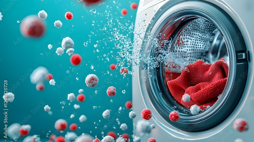 Poster Close up view of detergent being poured into a washing machine creating swirling bubbles and foam  Represents the cleaning and refreshing process of doing laundry in a modern domestic setting